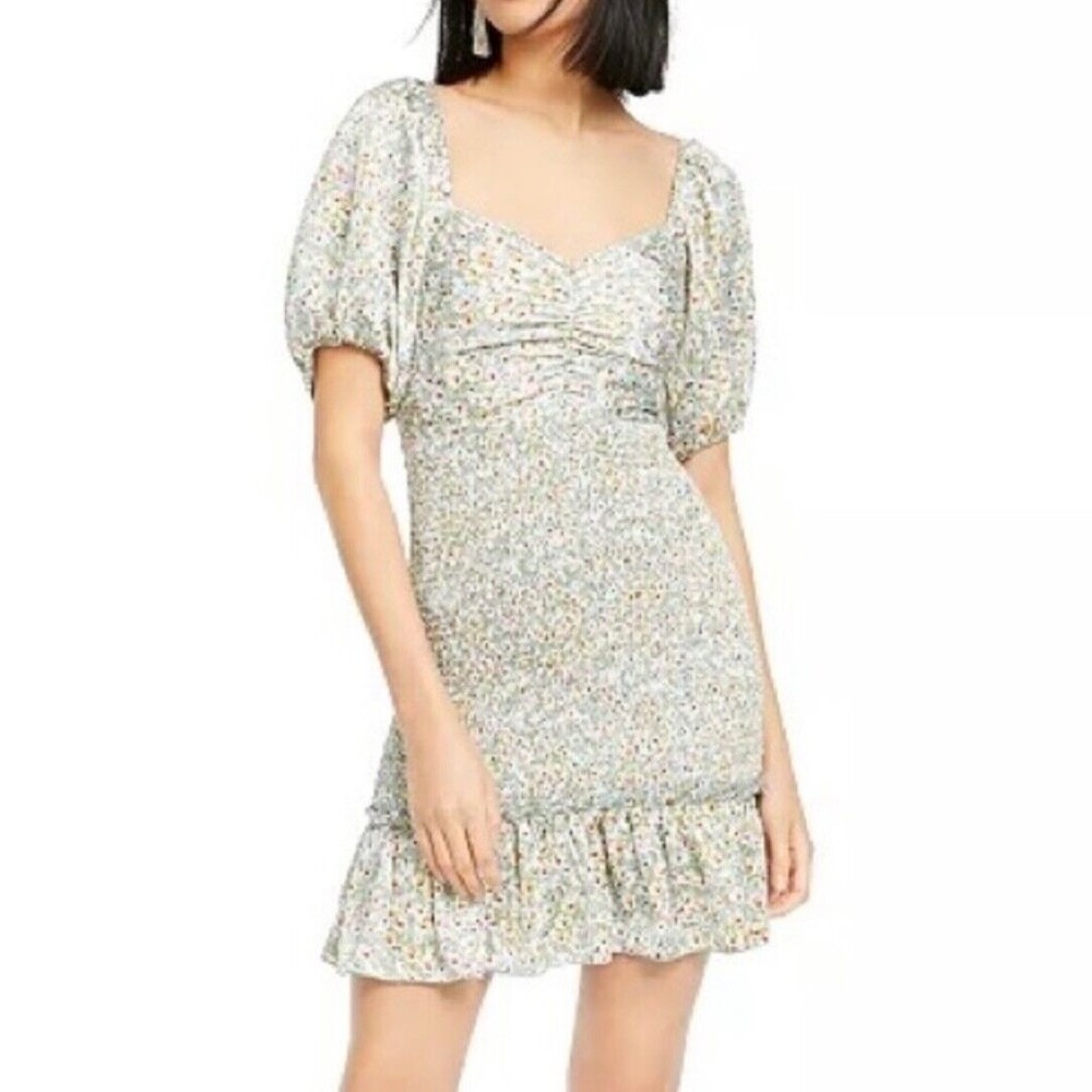 Lucy Paris Womens Green Floral Smocked Mini Dress Size XL Puff Sleeve Ruffle